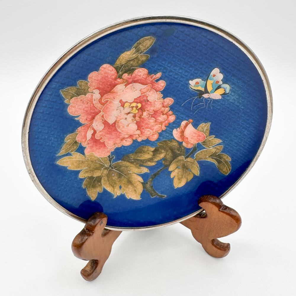 Antique Silver Ginbari Cloisonne Plate Blue Coral Peony Flower Butterfly w Stand - Picture 10 of 13
